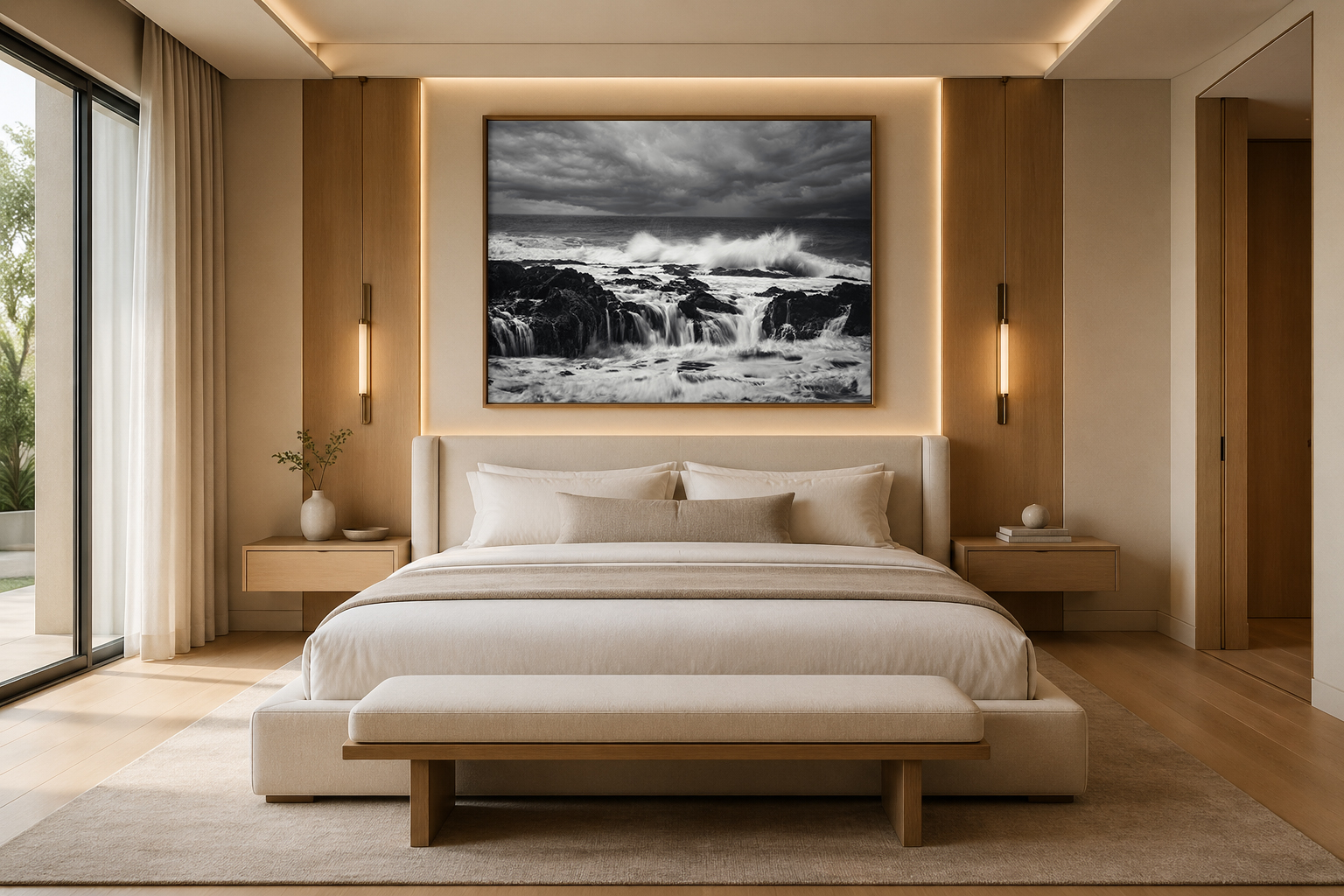 Modern bedroom with dramatic B&W waves canvas by Dan Sproul — gold frame